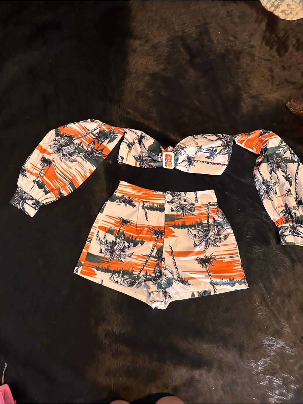 SHEIN Orange Palm-Print High Waist Shorts